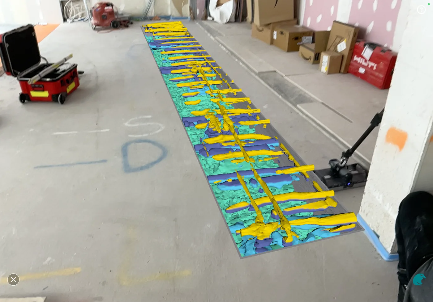 GPR reinforcement data rendered in 3D over a City of London lift machine-room floor slab
