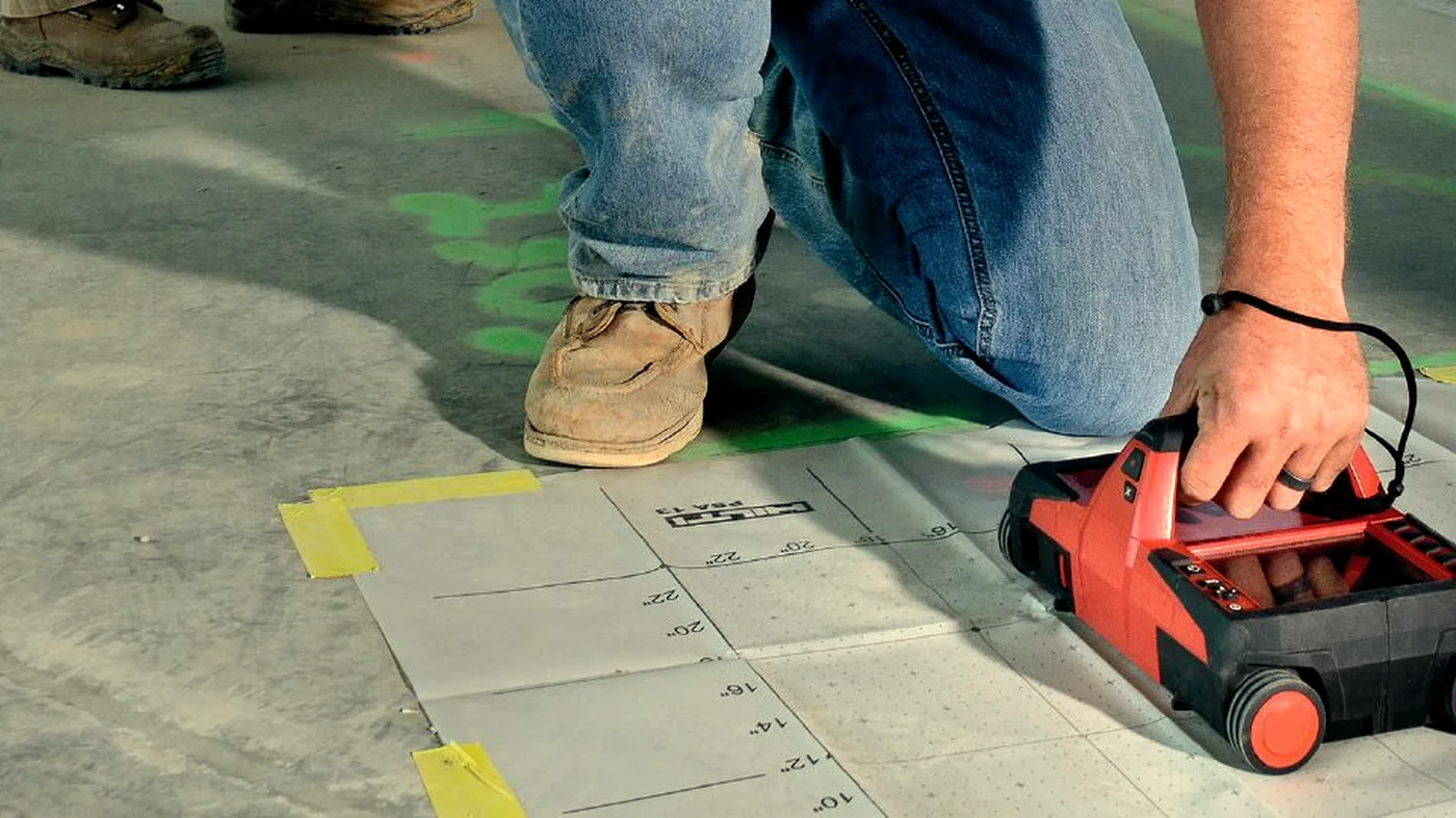 GPR floor scanning with Hilti PS1000 on a concrete slab for testing and assessment