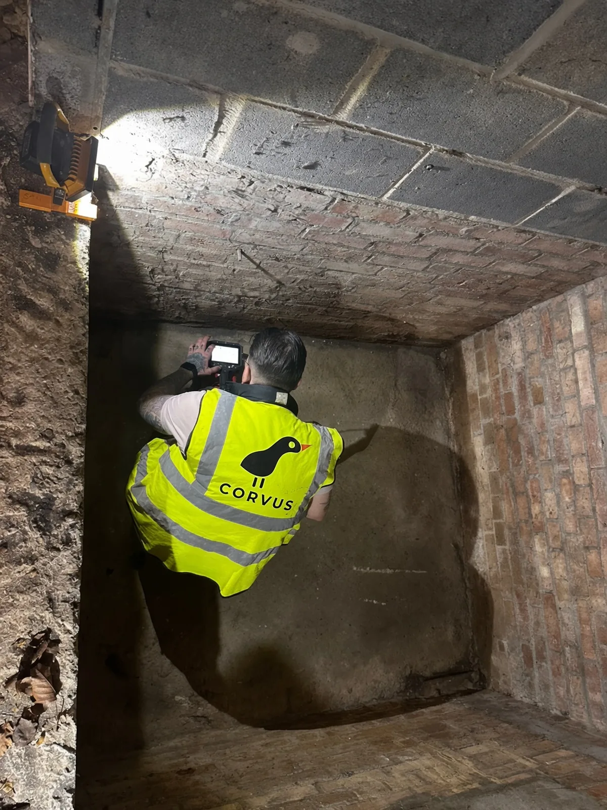 Corvus surveyor scanning the walls and base of a lift pit with ground-penetrating radar before a hydraulic lift installation