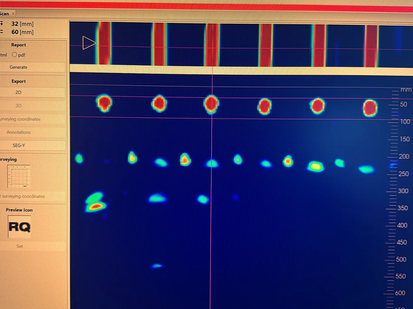 GPR radargram with the hyperbolic reflections from reinforcement bars