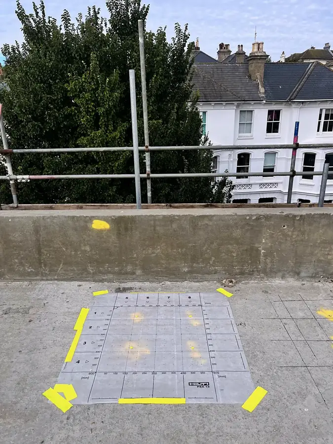 Scan grid taped out on a clear roof slab