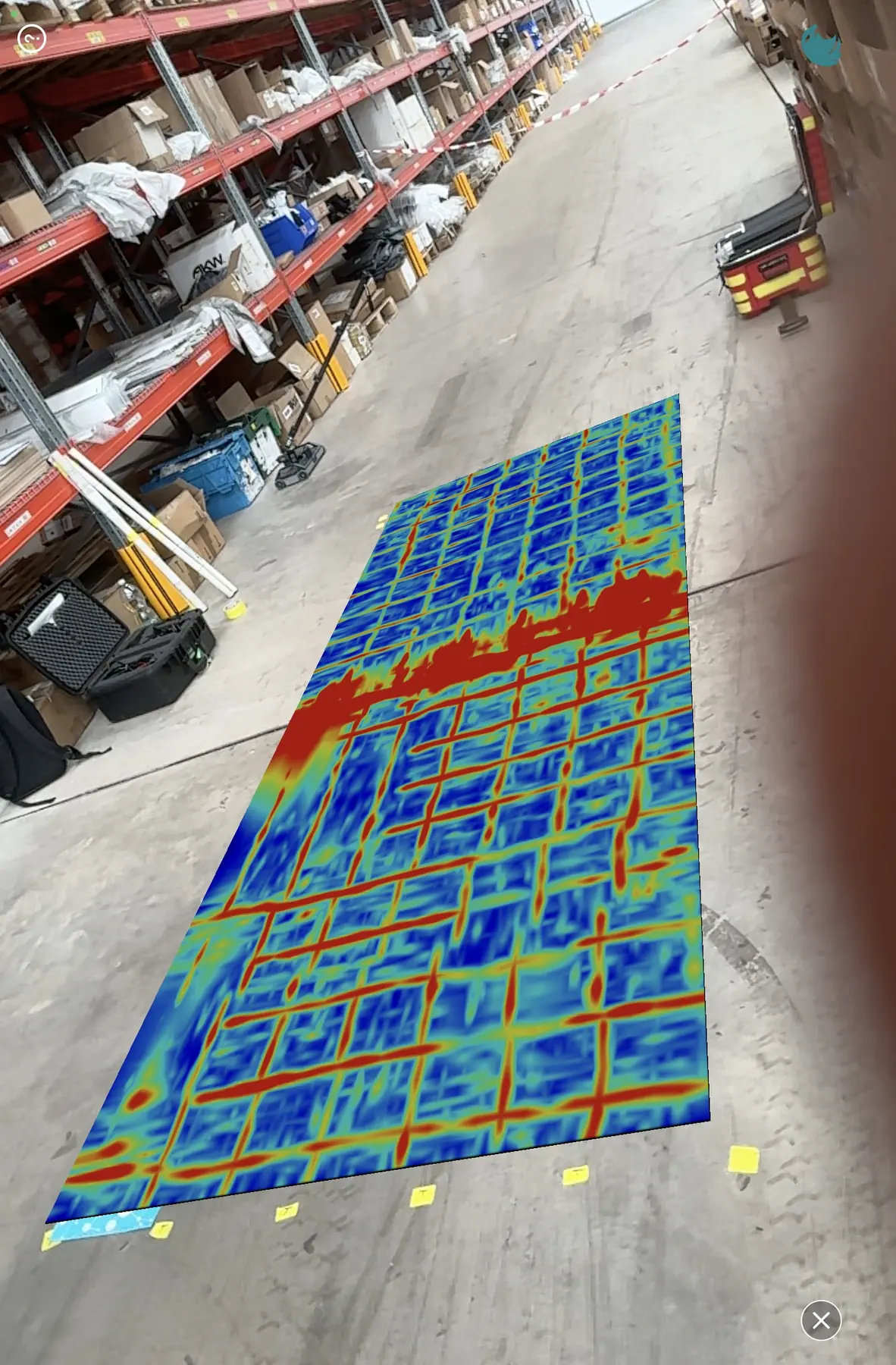 Scan overlaid on the slab down one of the warehouse aisles