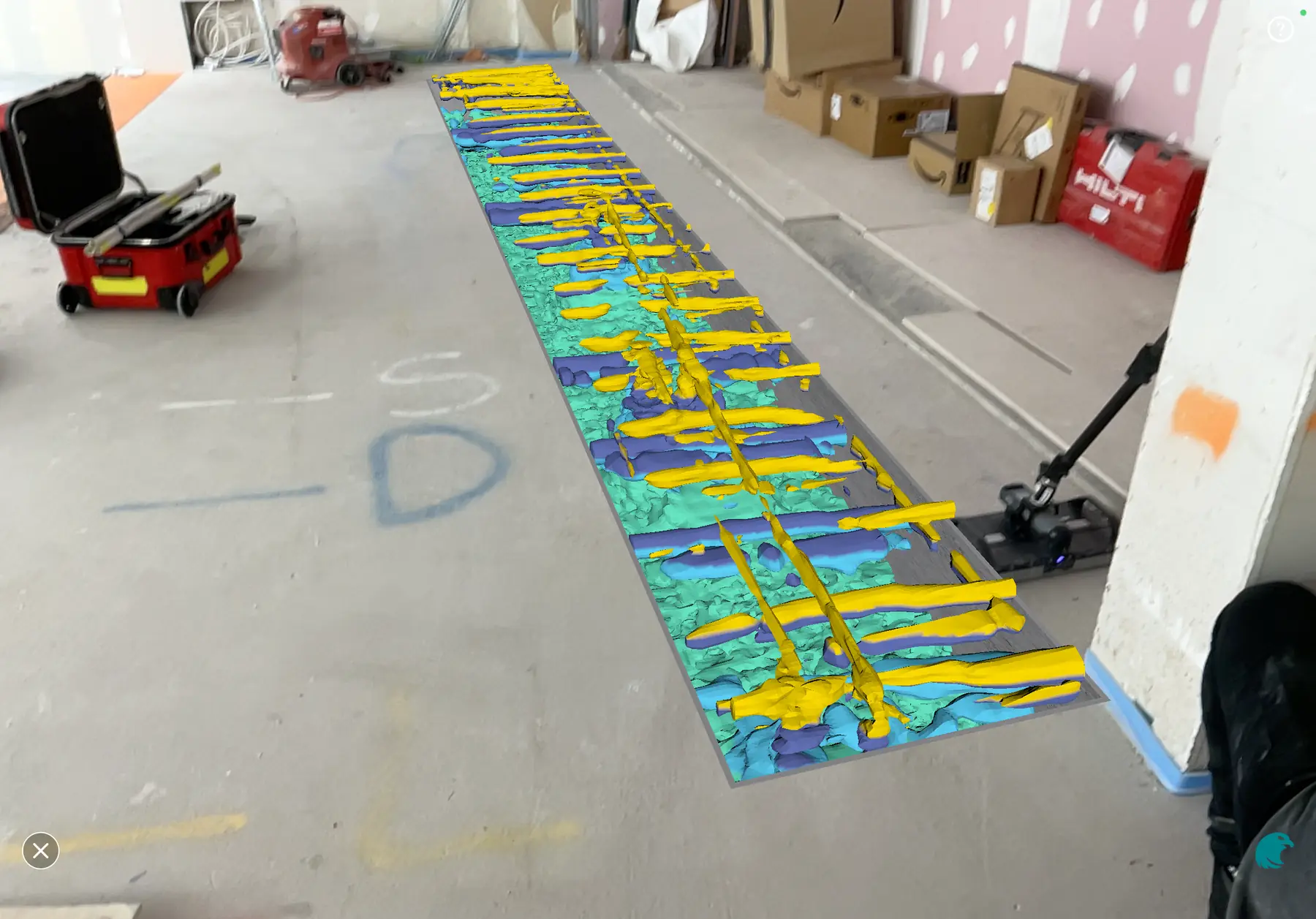 GPR scan of a shop unit slab shown in augmented reality on a tablet, Silverburn, Glasgow