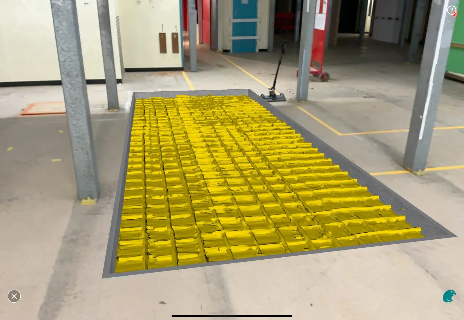 Reinforcement mat in a warehouse slab shown in 3D from a GPR scan